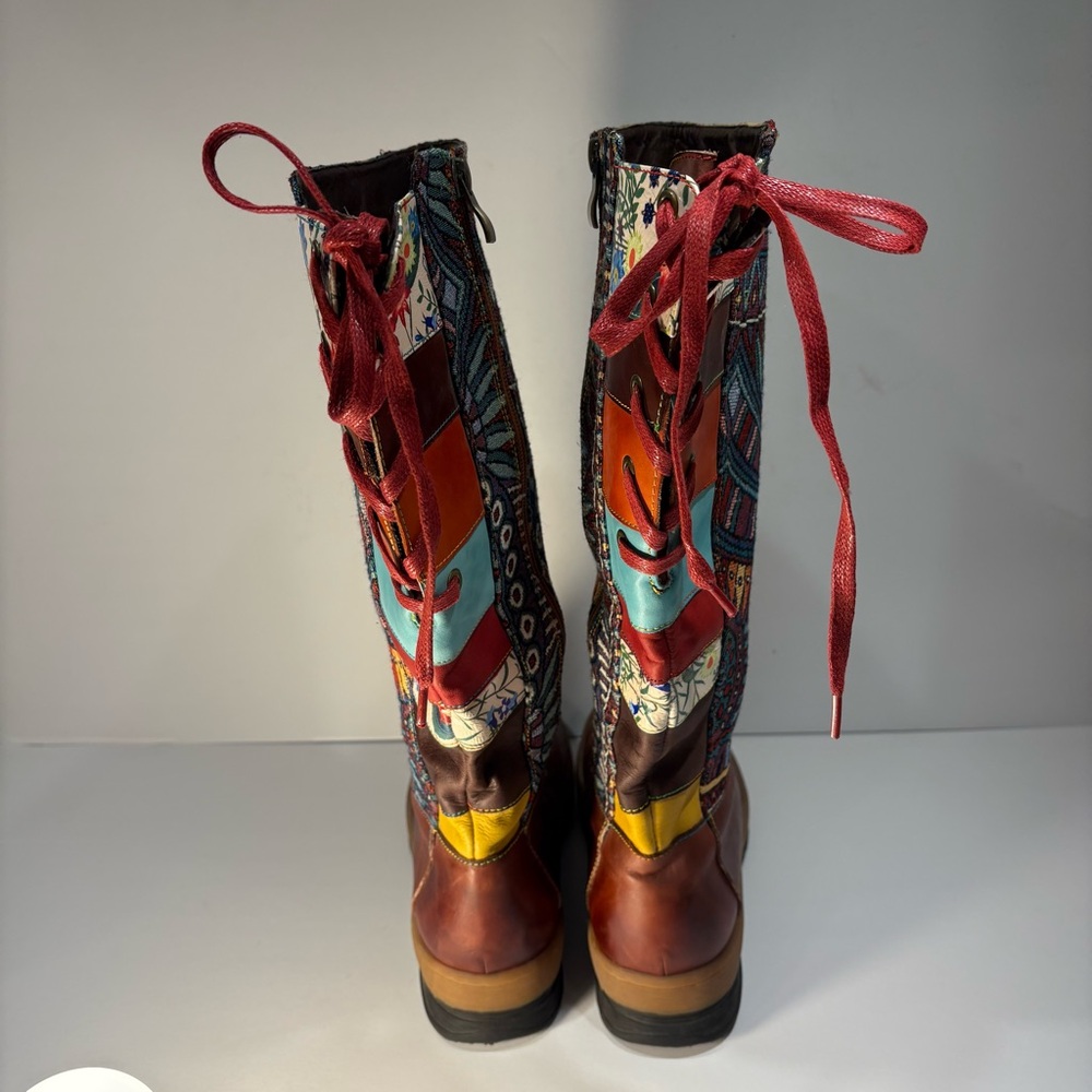 Bohemian Socofy Patchwork Lace-Up Boots - Picture 2 of 12